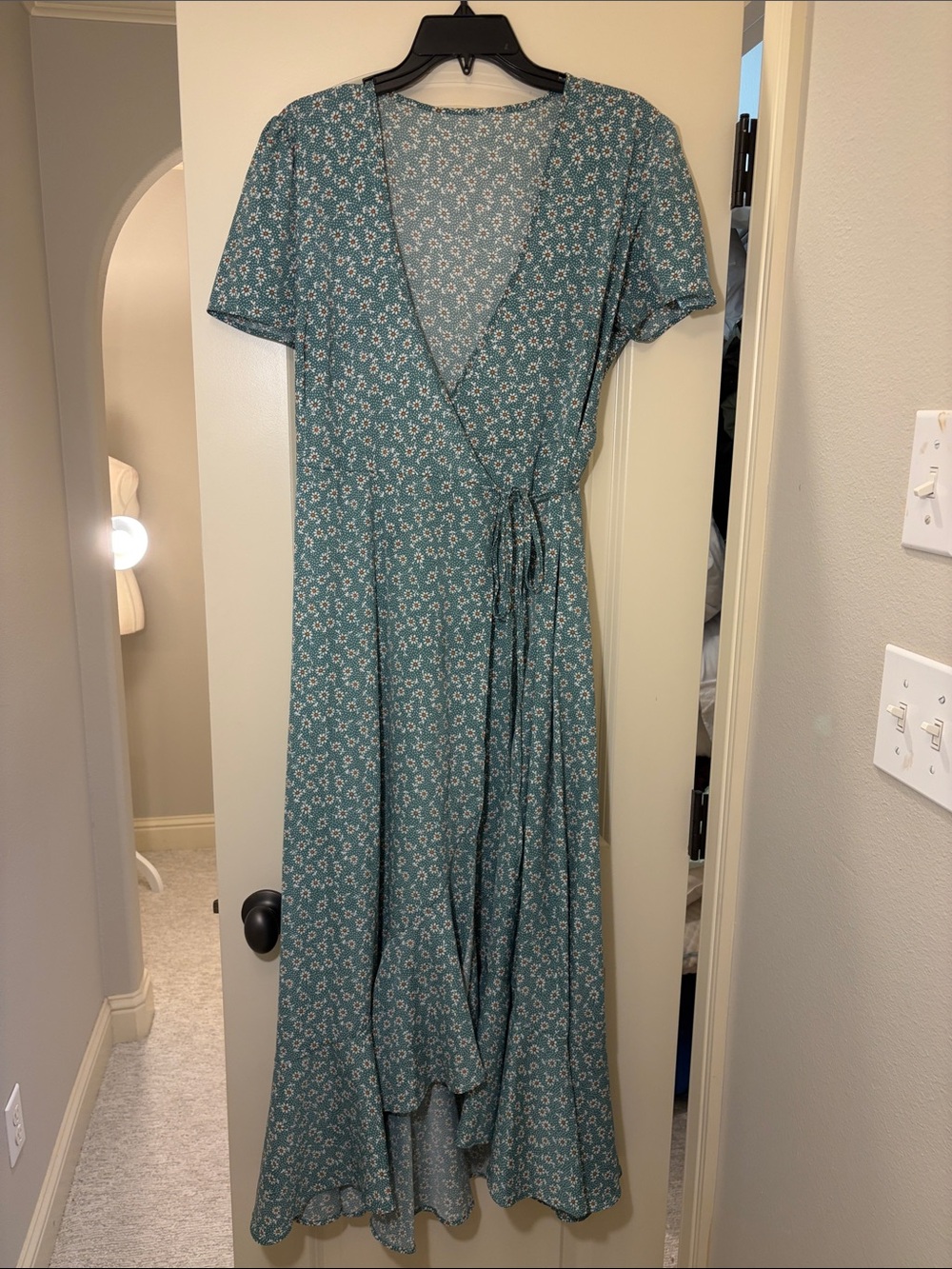 SHEIN Teal Floral V-Neck Maxi Wrap Dress